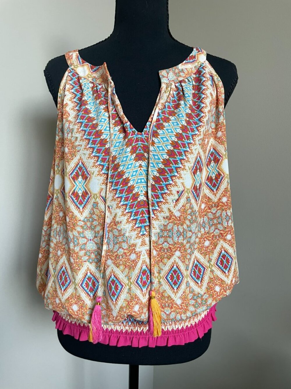 Rose & Olive Geometric Tassel Blouse